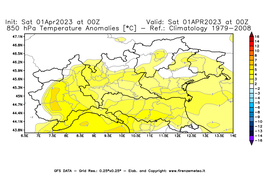 GFS analysi map - Temperature Anomalies [°C] at 850 hPa in Northern Italy
									on 01/04/2023 00 <!--googleoff: index-->UTC<!--googleon: index-->