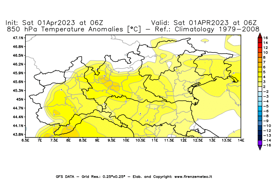 Mappa di analisi GFS - Anomalia Temperatura [°C] a 850 hPa in Nord-Italia
							del 01/04/2023 06 <!--googleoff: index-->UTC<!--googleon: index-->