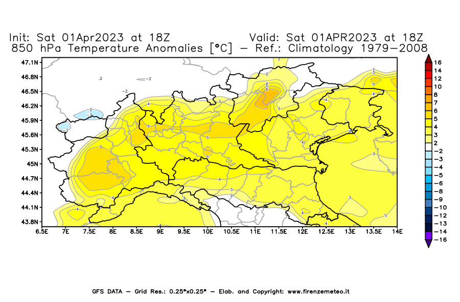 GFS analysi map - Temperature Anomalies [°C] at 850 hPa in Northern Italy
									on 01/04/2023 18 <!--googleoff: index-->UTC<!--googleon: index-->
