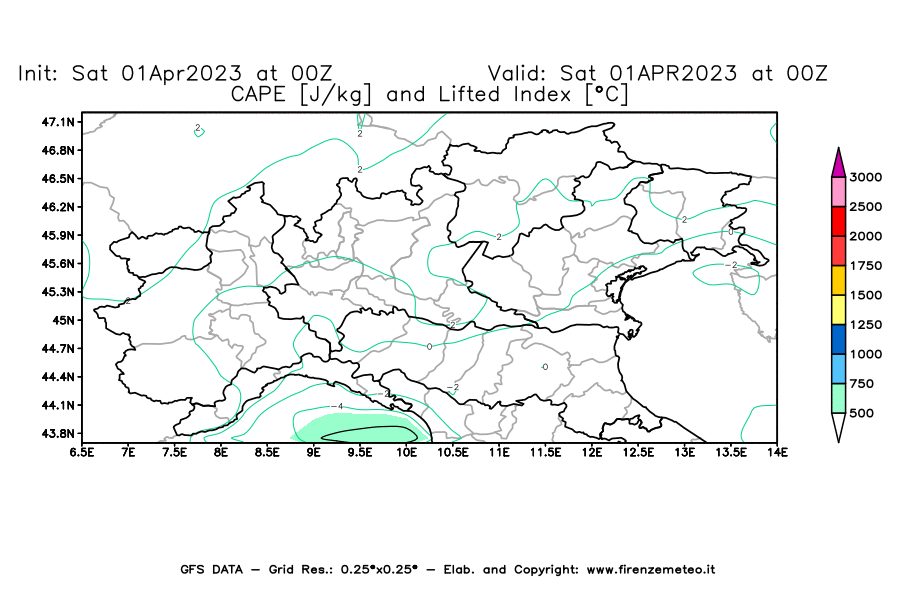 GFS analysi map - CAPE [J/kg] and Lifted Index [°C] in Northern Italy
									on 01/04/2023 00 <!--googleoff: index-->UTC<!--googleon: index-->