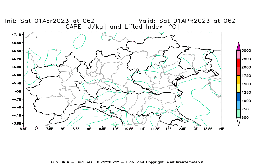 GFS analysi map - CAPE [J/kg] and Lifted Index [°C] in Northern Italy
									on 01/04/2023 06 <!--googleoff: index-->UTC<!--googleon: index-->