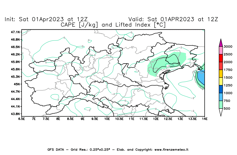 Mappa di analisi GFS - CAPE [J/kg] e Lifted Index [°C] in Nord-Italia
							del 01/04/2023 12 <!--googleoff: index-->UTC<!--googleon: index-->