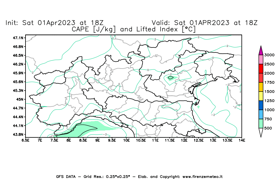 GFS analysi map - CAPE [J/kg] and Lifted Index [°C] in Northern Italy
									on 01/04/2023 18 <!--googleoff: index-->UTC<!--googleon: index-->