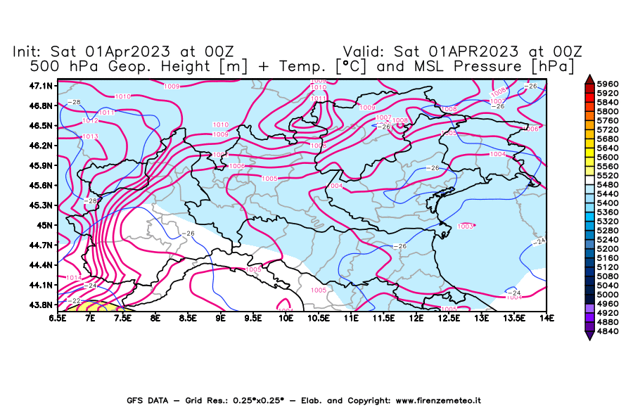 Mappa di analisi GFS - Geopotenziale [m] + Temp. [°C] a 500 hPa + Press. a livello del mare [hPa] in Nord-Italia
							del 01/04/2023 00 <!--googleoff: index-->UTC<!--googleon: index-->