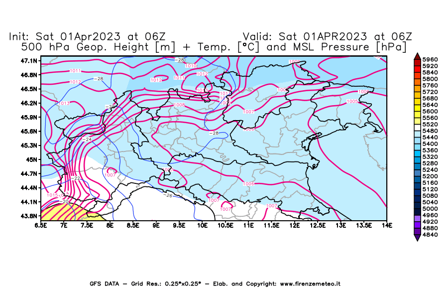 Mappa di analisi GFS - Geopotenziale [m] + Temp. [°C] a 500 hPa + Press. a livello del mare [hPa] in Nord-Italia
							del 01/04/2023 06 <!--googleoff: index-->UTC<!--googleon: index-->