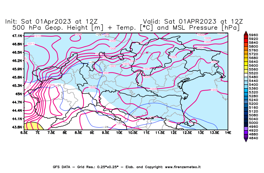 GFS analysi map - Geopotential [m] + Temp. [°C] at 500 hPa + Sea Level Pressure [hPa] in Northern Italy
									on 01/04/2023 12 <!--googleoff: index-->UTC<!--googleon: index-->