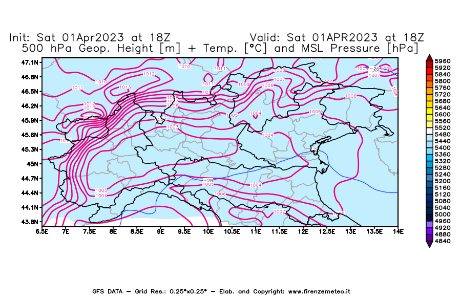 Mappa di analisi GFS - Geopotenziale [m] + Temp. [°C] a 500 hPa + Press. a livello del mare [hPa] in Nord-Italia
							del 01/04/2023 18 <!--googleoff: index-->UTC<!--googleon: index-->