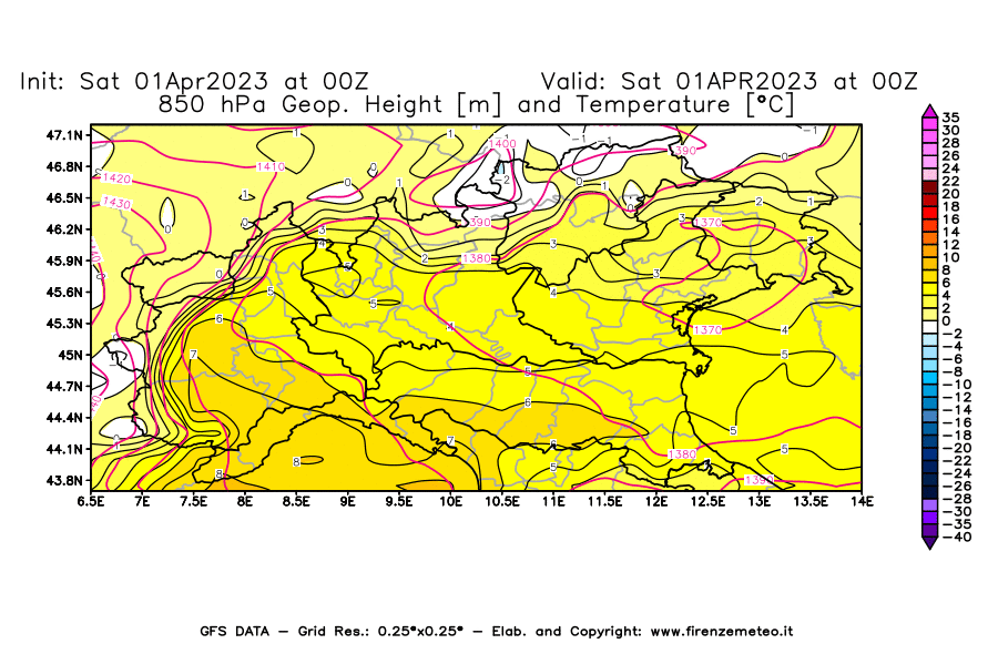 Mappa di analisi GFS - Geopotenziale [m] e Temperatura [°C] a 850 hPa in Nord-Italia
							del 01/04/2023 00 <!--googleoff: index-->UTC<!--googleon: index-->