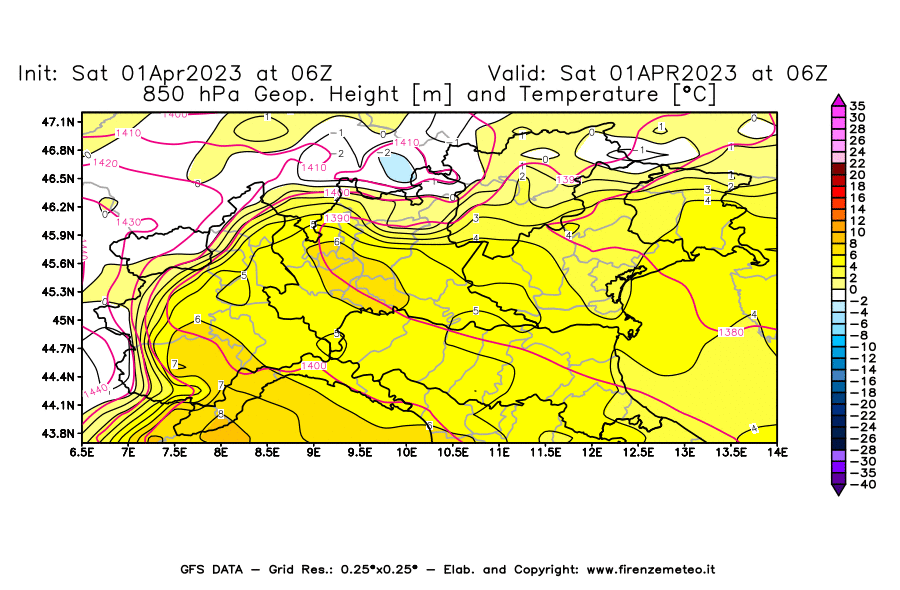 Mappa di analisi GFS - Geopotenziale [m] e Temperatura [°C] a 850 hPa in Nord-Italia
							del 01/04/2023 06 <!--googleoff: index-->UTC<!--googleon: index-->