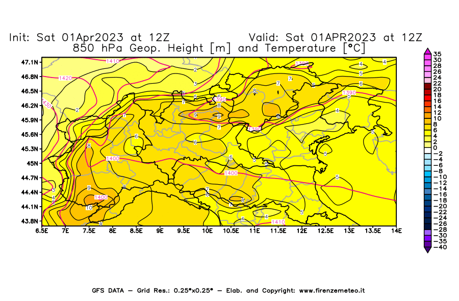 GFS analysi map - Geopotential [m] and Temperature [°C] at 850 hPa in Northern Italy
									on 01/04/2023 12 <!--googleoff: index-->UTC<!--googleon: index-->