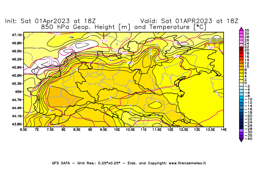 Mappa di analisi GFS - Geopotenziale [m] e Temperatura [°C] a 850 hPa in Nord-Italia
							del 01/04/2023 18 <!--googleoff: index-->UTC<!--googleon: index-->