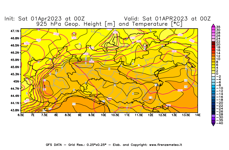 Mappa di analisi GFS - Geopotenziale [m] e Temperatura [°C] a 925 hPa in Nord-Italia
							del 01/04/2023 00 <!--googleoff: index-->UTC<!--googleon: index-->