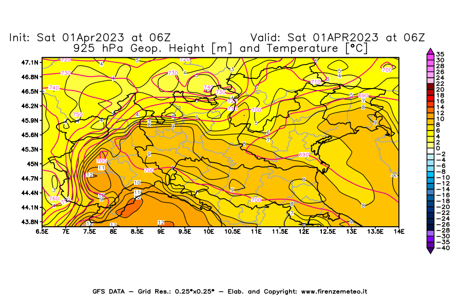 Mappa di analisi GFS - Geopotenziale [m] e Temperatura [°C] a 925 hPa in Nord-Italia
							del 01/04/2023 06 <!--googleoff: index-->UTC<!--googleon: index-->