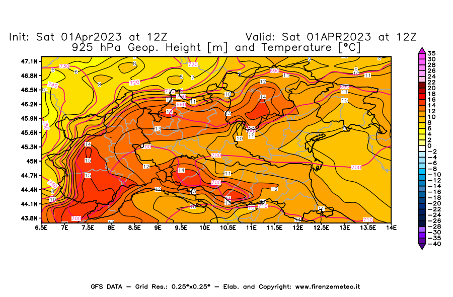 Mappa di analisi GFS - Geopotenziale [m] e Temperatura [°C] a 925 hPa in Nord-Italia
							del 01/04/2023 12 <!--googleoff: index-->UTC<!--googleon: index-->