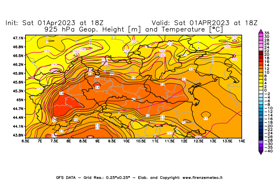 Mappa di analisi GFS - Geopotenziale [m] e Temperatura [°C] a 925 hPa in Nord-Italia
							del 01/04/2023 18 <!--googleoff: index-->UTC<!--googleon: index-->