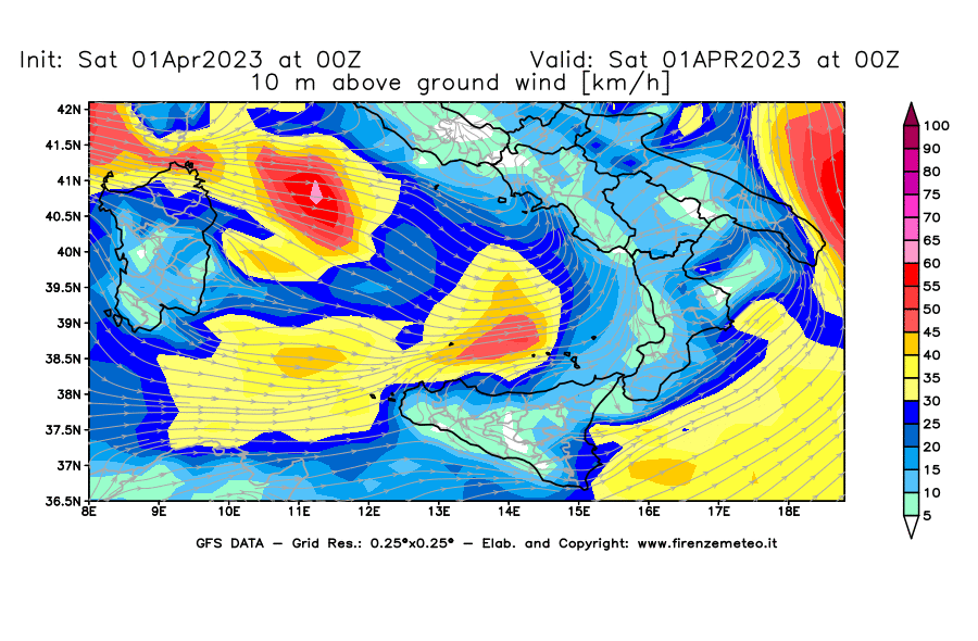 Mappa di analisi GFS - Velocità del vento a 10 metri dal suolo [km/h] in Sud-Italia
							del 01/04/2023 00 <!--googleoff: index-->UTC<!--googleon: index-->