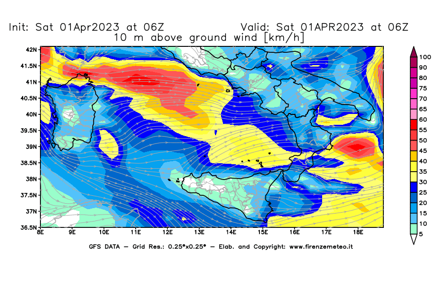 GFS analysi map - Wind Speed at 10 m above ground [km/h] in Southern Italy
									on 01/04/2023 06 <!--googleoff: index-->UTC<!--googleon: index-->