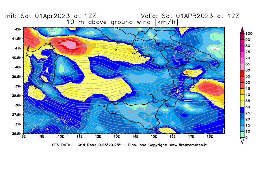GFS analysi map - Wind Speed at 10 m above ground [km/h] in Southern Italy
									on 01/04/2023 12 <!--googleoff: index-->UTC<!--googleon: index-->