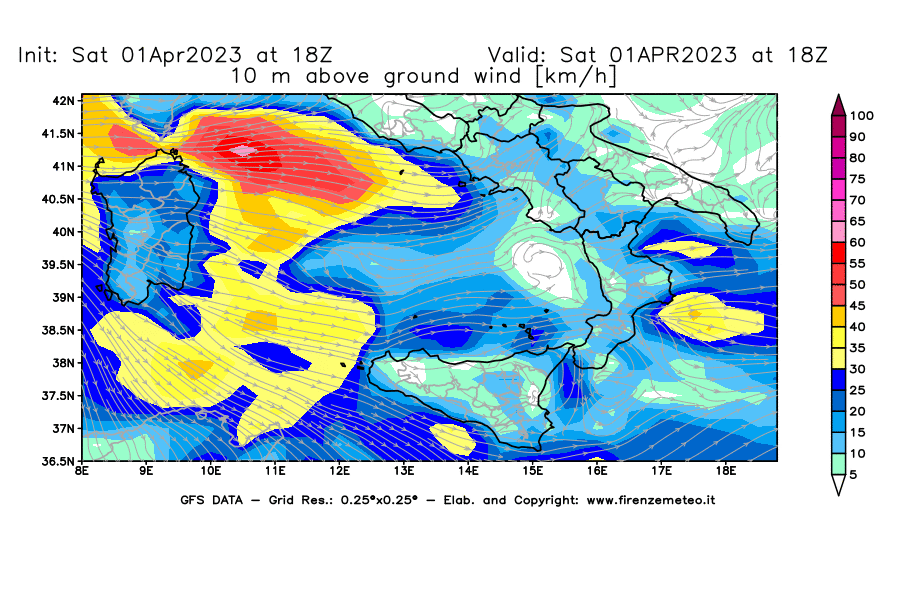 Mappa di analisi GFS - Velocità del vento a 10 metri dal suolo [km/h] in Sud-Italia
							del 01/04/2023 18 <!--googleoff: index-->UTC<!--googleon: index-->