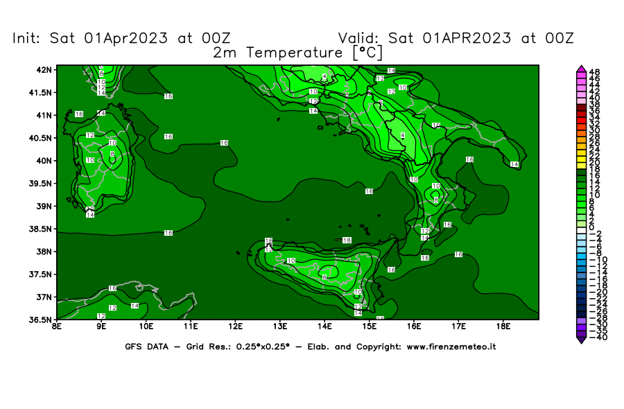 GFS analysi map - Temperature at 2 m above ground [°C] in Southern Italy
									on 01/04/2023 00 <!--googleoff: index-->UTC<!--googleon: index-->