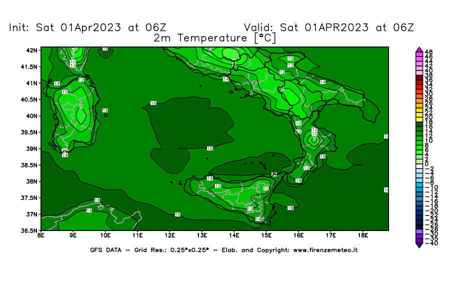 GFS analysi map - Temperature at 2 m above ground [°C] in Southern Italy
									on 01/04/2023 06 <!--googleoff: index-->UTC<!--googleon: index-->