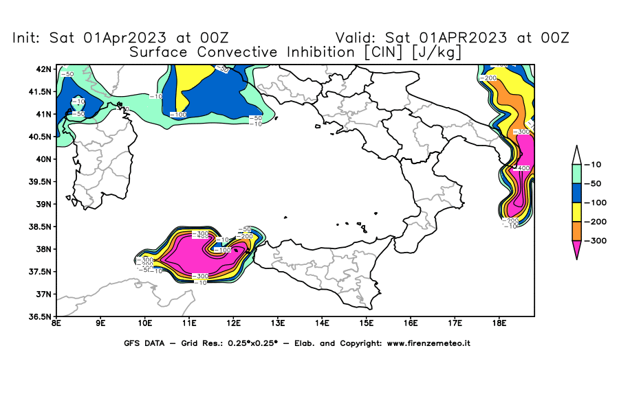 GFS analysi map - CIN [J/kg] in Southern Italy
									on 01/04/2023 00 <!--googleoff: index-->UTC<!--googleon: index-->