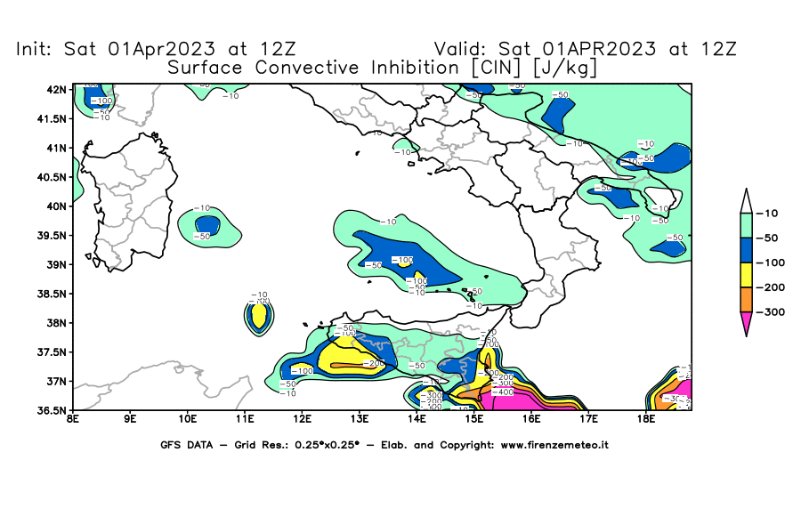 Mappa di analisi GFS - CIN [J/kg] in Sud-Italia
							del 01/04/2023 12 <!--googleoff: index-->UTC<!--googleon: index-->
