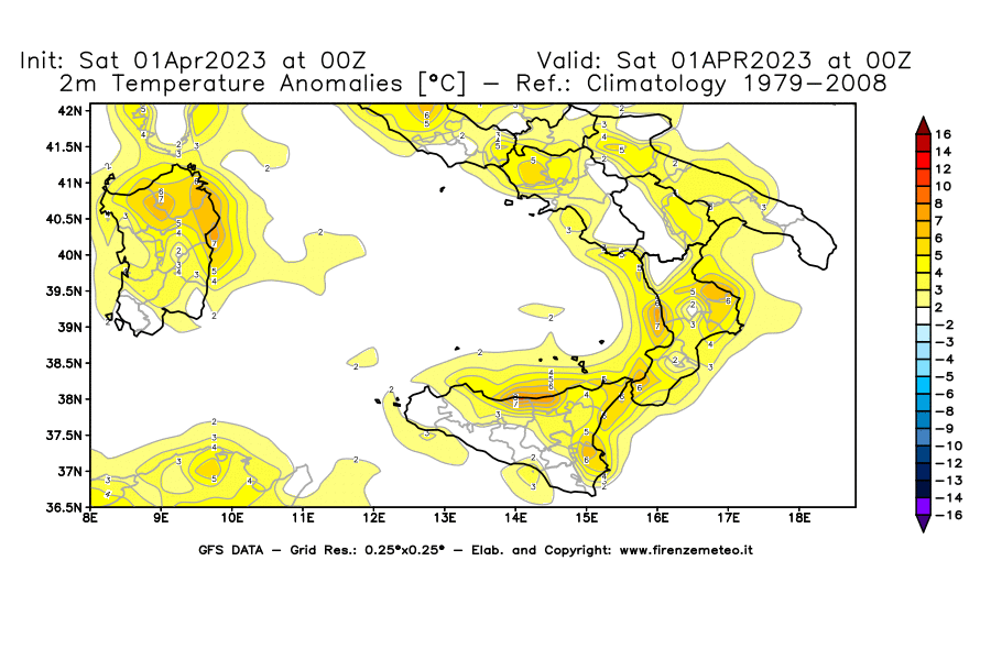 Mappa di analisi GFS - Anomalia Temperatura [°C] a 2 m in Sud-Italia
							del 01/04/2023 00 <!--googleoff: index-->UTC<!--googleon: index-->
