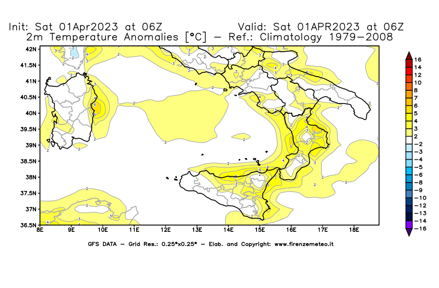 Mappa di analisi GFS - Anomalia Temperatura [°C] a 2 m in Sud-Italia
							del 01/04/2023 06 <!--googleoff: index-->UTC<!--googleon: index-->