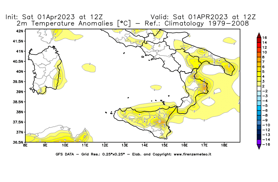 Mappa di analisi GFS - Anomalia Temperatura [°C] a 2 m in Sud-Italia
							del 01/04/2023 12 <!--googleoff: index-->UTC<!--googleon: index-->