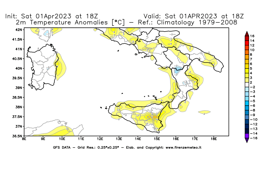 GFS analysi map - Temperature Anomalies [°C] at 2 m in Southern Italy
									on 01/04/2023 18 <!--googleoff: index-->UTC<!--googleon: index-->