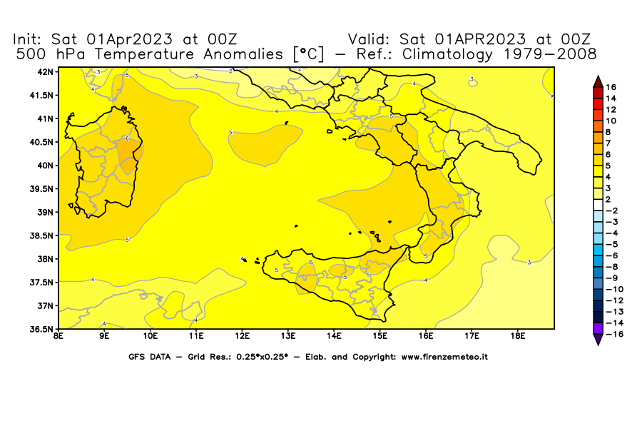 GFS analysi map - Temperature Anomalies [°C] at 500 hPa in Southern Italy
									on 01/04/2023 00 <!--googleoff: index-->UTC<!--googleon: index-->