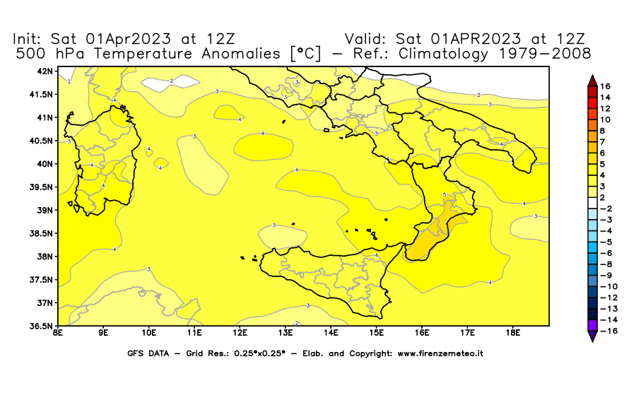 GFS analysi map - Temperature Anomalies [°C] at 500 hPa in Southern Italy
									on 01/04/2023 12 <!--googleoff: index-->UTC<!--googleon: index-->