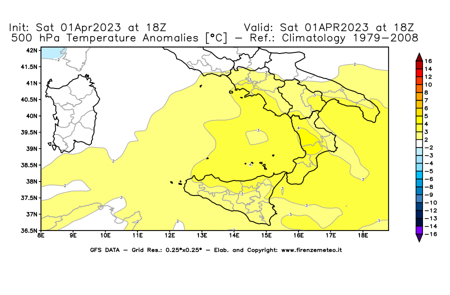 GFS analysi map - Temperature Anomalies [°C] at 500 hPa in Southern Italy
									on 01/04/2023 18 <!--googleoff: index-->UTC<!--googleon: index-->