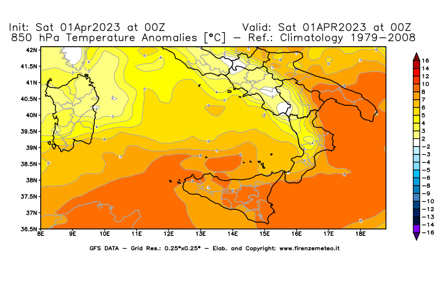 Mappa di analisi GFS - Anomalia Temperatura [°C] a 850 hPa in Sud-Italia
							del 01/04/2023 00 <!--googleoff: index-->UTC<!--googleon: index-->