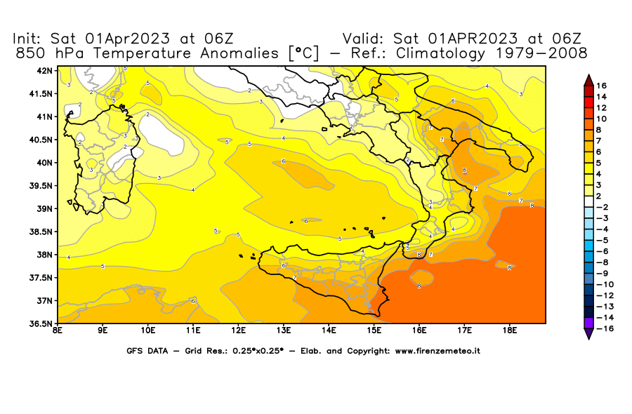 Mappa di analisi GFS - Anomalia Temperatura [°C] a 850 hPa in Sud-Italia
							del 01/04/2023 06 <!--googleoff: index-->UTC<!--googleon: index-->