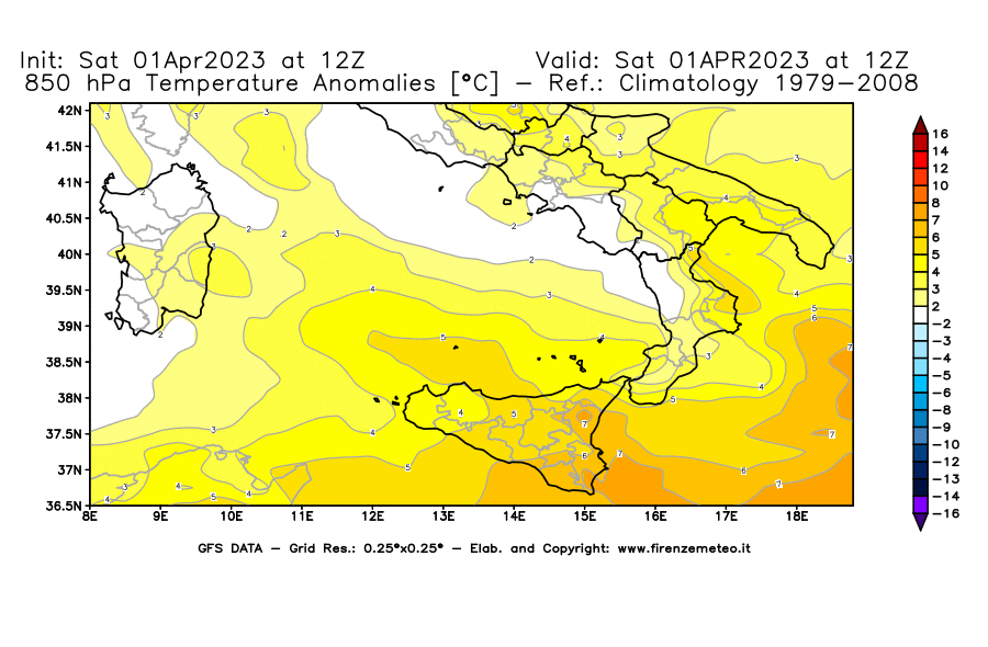 Mappa di analisi GFS - Anomalia Temperatura [°C] a 850 hPa in Sud-Italia
							del 01/04/2023 12 <!--googleoff: index-->UTC<!--googleon: index-->