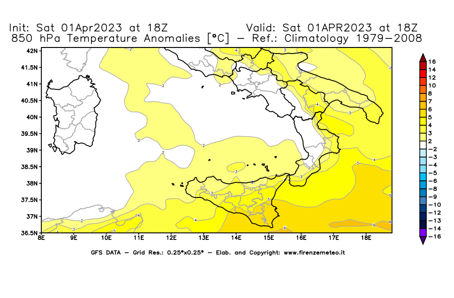 GFS analysi map - Temperature Anomalies [°C] at 850 hPa in Southern Italy
									on 01/04/2023 18 <!--googleoff: index-->UTC<!--googleon: index-->