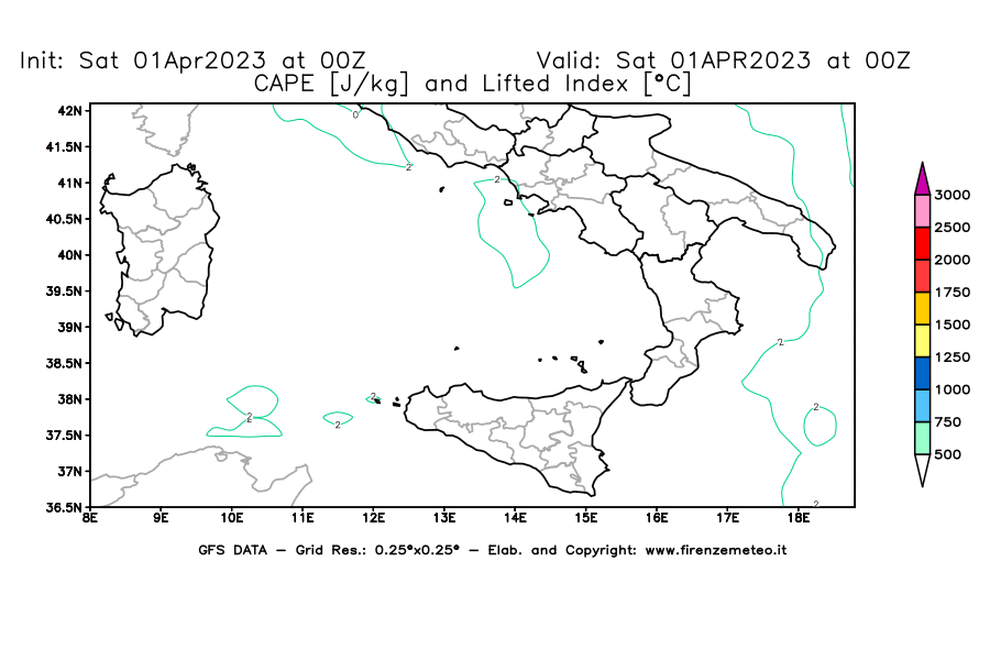 Mappa di analisi GFS - CAPE [J/kg] e Lifted Index [°C] in Sud-Italia
							del 01/04/2023 00 <!--googleoff: index-->UTC<!--googleon: index-->