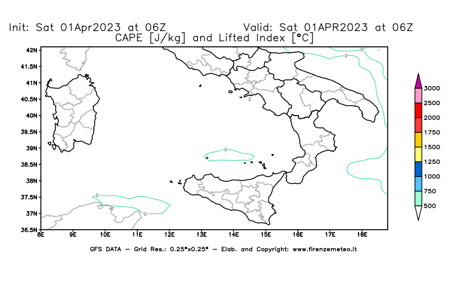 Mappa di analisi GFS - CAPE [J/kg] e Lifted Index [°C] in Sud-Italia
							del 01/04/2023 06 <!--googleoff: index-->UTC<!--googleon: index-->