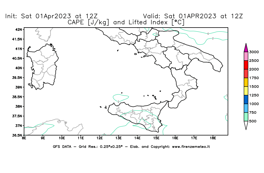Mappa di analisi GFS - CAPE [J/kg] e Lifted Index [°C] in Sud-Italia
							del 01/04/2023 12 <!--googleoff: index-->UTC<!--googleon: index-->