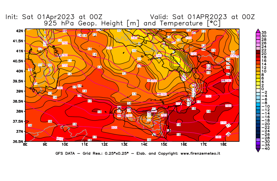 Mappa di analisi GFS - Geopotenziale [m] e Temperatura [°C] a 925 hPa in Sud-Italia
							del 01/04/2023 00 <!--googleoff: index-->UTC<!--googleon: index-->