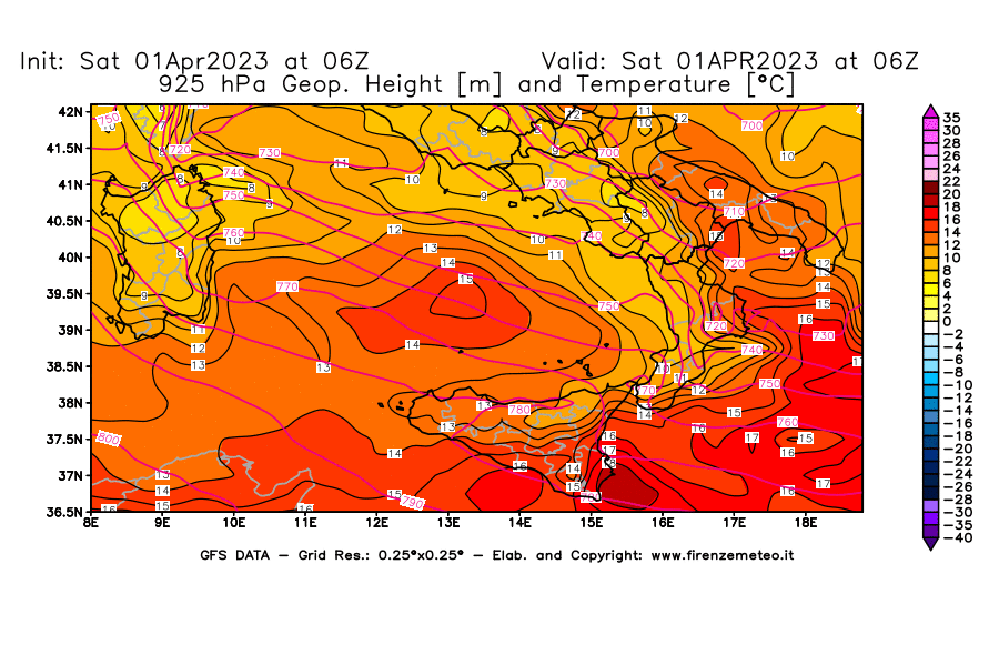 Mappa di analisi GFS - Geopotenziale [m] e Temperatura [°C] a 925 hPa in Sud-Italia
							del 01/04/2023 06 <!--googleoff: index-->UTC<!--googleon: index-->