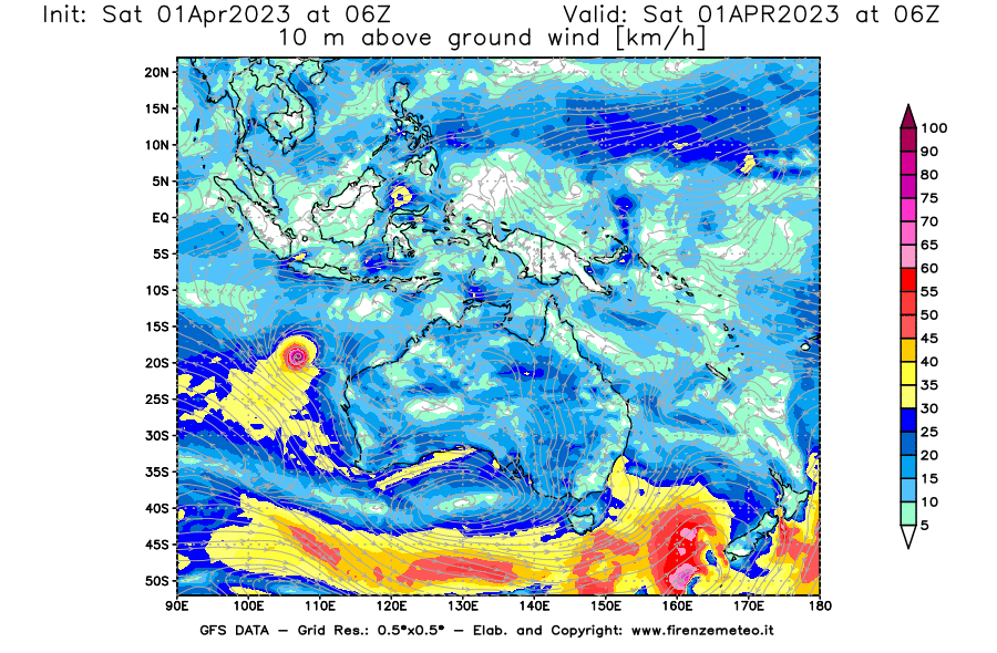 GFS analysi map - Wind Speed at 10 m above ground [km/h] in Oceania
									on 01/04/2023 06 <!--googleoff: index-->UTC<!--googleon: index-->