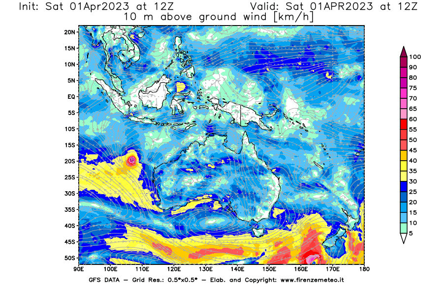 Mappa di analisi GFS - Velocità del vento a 10 metri dal suolo [km/h] in Oceania
							del 01/04/2023 12 <!--googleoff: index-->UTC<!--googleon: index-->