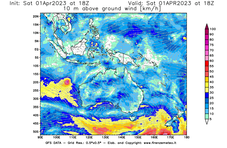 GFS analysi map - Wind Speed at 10 m above ground [km/h] in Oceania
									on 01/04/2023 18 <!--googleoff: index-->UTC<!--googleon: index-->