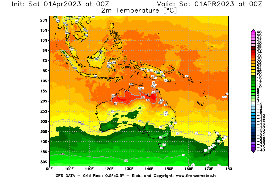 GFS analysi map - Temperature at 2 m above ground [°C] in Oceania
									on 01/04/2023 00 <!--googleoff: index-->UTC<!--googleon: index-->