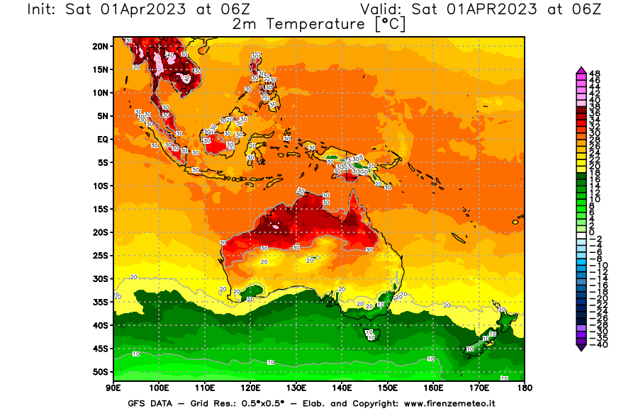 Mappa di analisi GFS - Temperatura a 2 metri dal suolo [°C] in Oceania
							del 01/04/2023 06 <!--googleoff: index-->UTC<!--googleon: index-->
