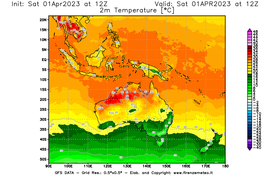 GFS analysi map - Temperature at 2 m above ground [°C] in Oceania
									on 01/04/2023 12 <!--googleoff: index-->UTC<!--googleon: index-->
