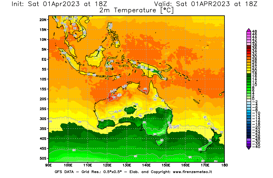 GFS analysi map - Temperature at 2 m above ground [°C] in Oceania
									on 01/04/2023 18 <!--googleoff: index-->UTC<!--googleon: index-->
